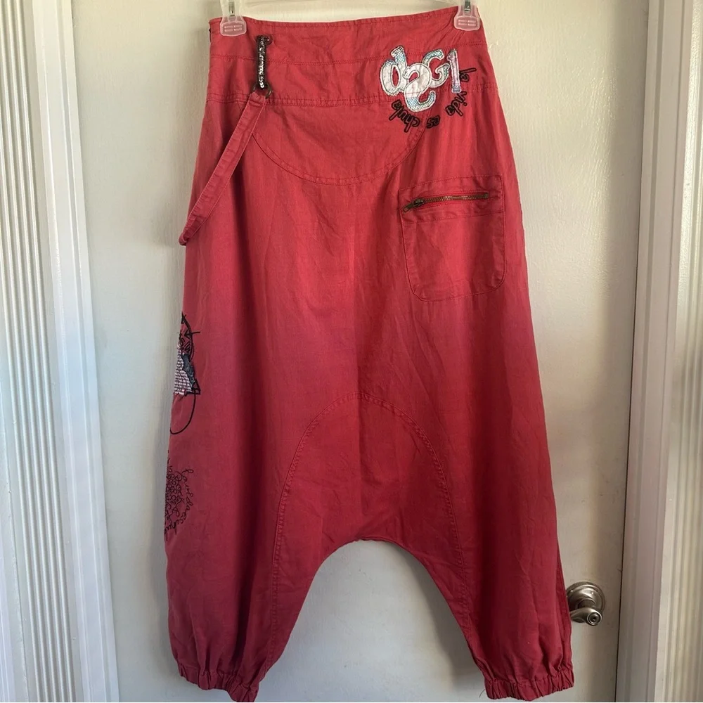 RARE Desigual Vibrant Coral Red Embroidered Appliquéd Cotton Boho Harem Pants - Picture 5 of 13